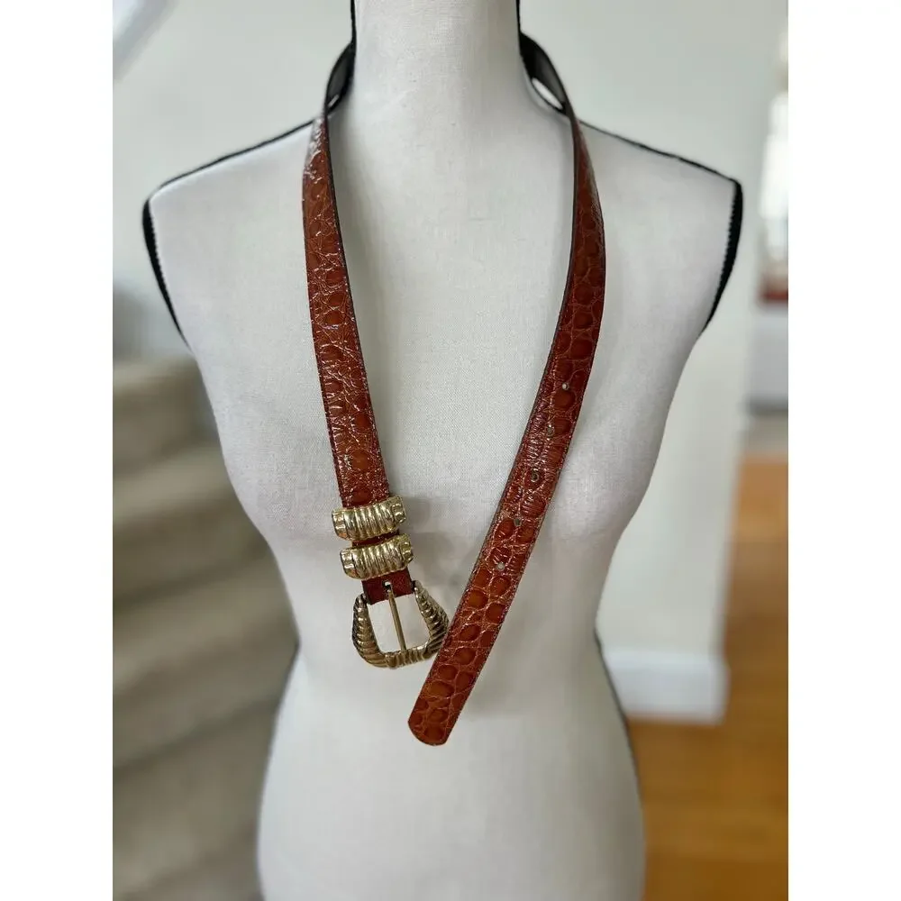 Vintage Brown Croc-Embossed Leather Belt with Gold Buckle